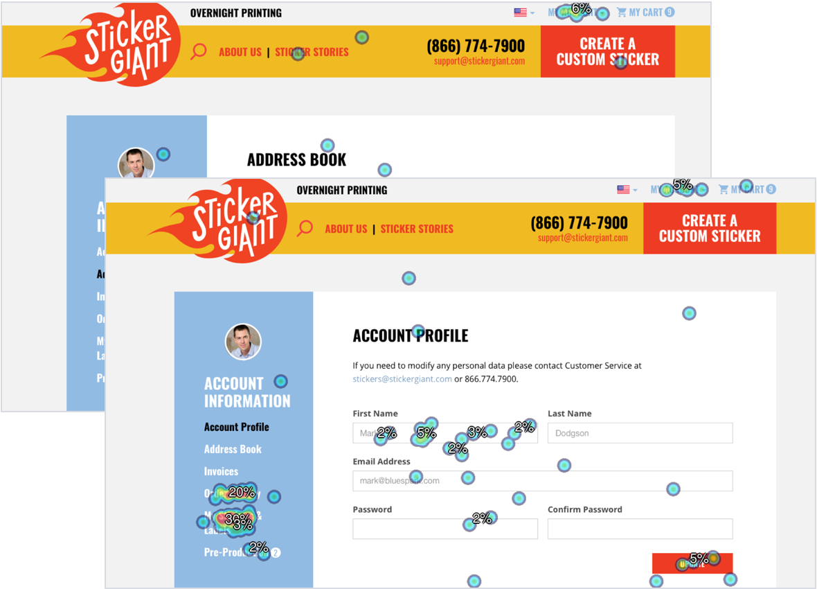 StickerGiant web pages with hot spots from user testing scenarios